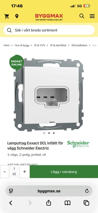 Vit infälld lamputtag för vägg, Exxact DCL från Schneider Electric, 1-vägs, 2-polig, jordat, endast online hos Byggmax.