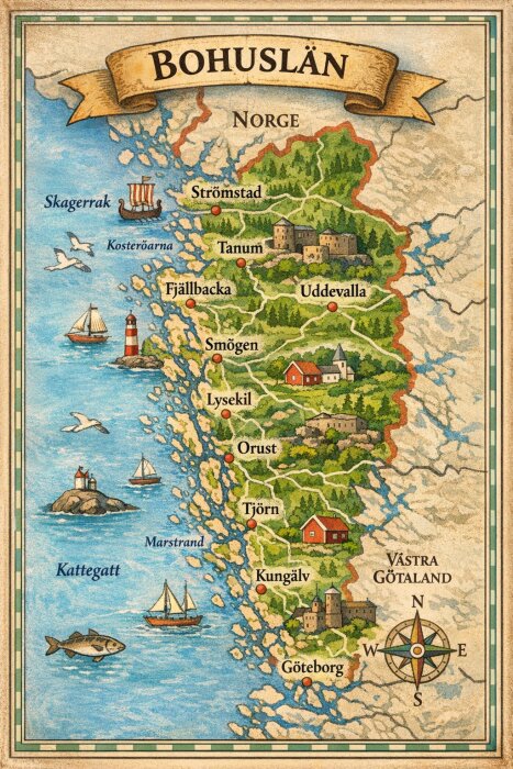 Karta över Bohuslän med illustrationer av landskap, städer och kustlinje. Båt och fyr i Skagerrak, kompassros nedtill.