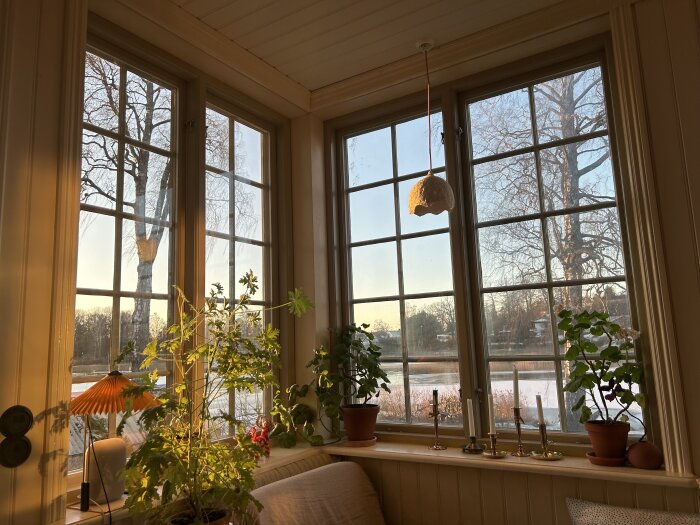 Stora fönster på en veranda, omgivna av växter och ljusstakar, med utsikt över träd och ett vinterlandskap vid solnedgång.