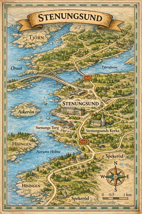 Karta över Stenungsund med omgivande områden som Tjörn och Orust, kartritad med detaljer som vägar, landmärken och sjöar, inklusive Tjörnbron.