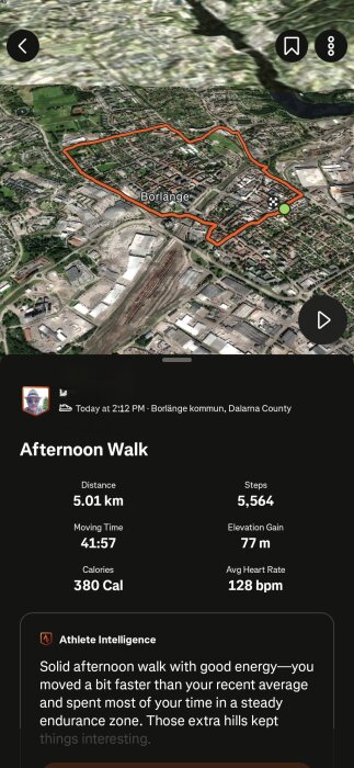 Satellitbild över Borlänge med en markerad gångrutt, samt statistik för en promenad på 5,01 km i 41:57 minuter och en genomsnittlig puls på 128 bpm.