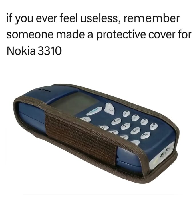Nokia 3310 i ett brunt skyddsfodral med texten "if you ever feel useless, remember someone made a protective cover for Nokia 3310".