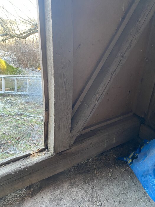 Träkonstruktion i en byggnads hörn vid en vägg, med utsikt över en gräsbevuxen gård och en stege i bakgrunden.