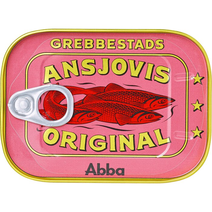 Konservburk med Grebbestads ansjovis, rosa etikett med tre röda fiskar och texten "Original".