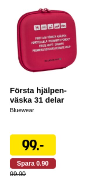 Röd första hjälpen-väska med 31 delar från Bluewear, prissatt till 99 kr hos Jula.