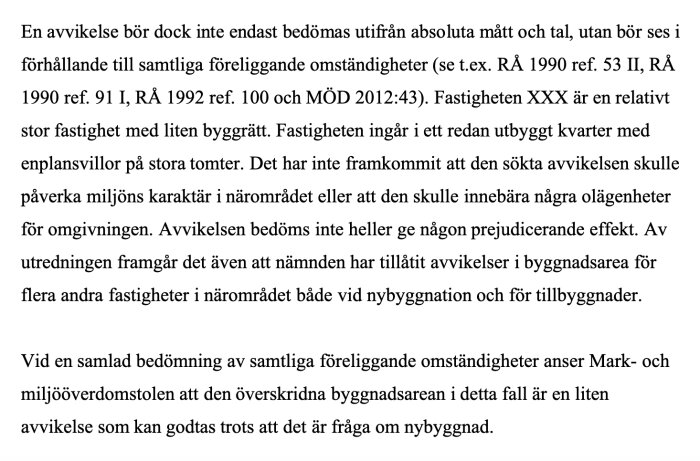 Text om fastighetsavvikelse och bedömning enligt svensk rättspraxis.