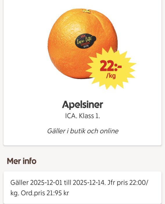 ICA-reklambild för apelsiner, 22 kr/kg. Gäller 2025-12-01 till 2025-12-14.