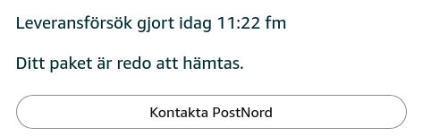 Meddelande om leveransförsök av paket idag 11:22, paket redo för hämtning med knapp för att kontakta PostNord.