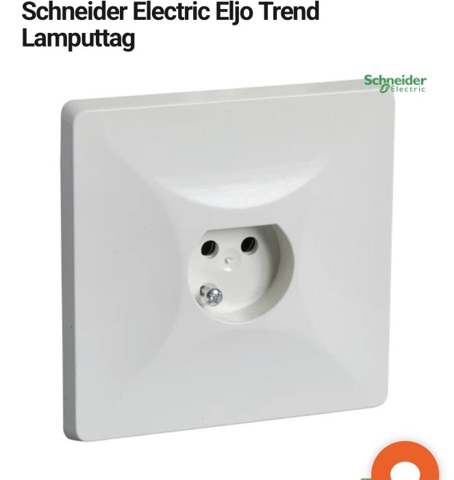 Vit Schneider Electric Eljo Trend lamputtag med jordningskontakt och skruvhål, monterad på en fyrkantig platta.