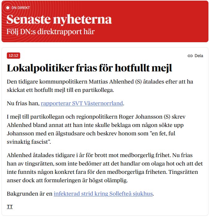 Artikelrubrik om lokalpolitiker som frias från åtal om hotfullt mejl, inklusive detaljer kring rättens beslut och tidigare anklagelser.