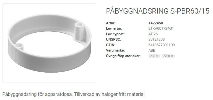 Byggring S-PBR60/15 i vit plast för apparatdosa, tillverkad av halogenfritt material.