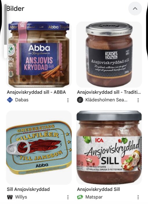 Flera burkar och en konserv av ansjoviskryddad sill från olika märken: Abba, Klädesholmen, Grebbestad och ICA.