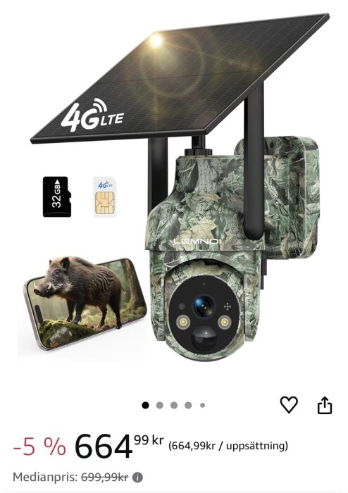 Utomhuskamera med 4G LTE och solpanel, kamouflerad design. Inkluderar 32 GB SD-kort. Vildsvinsbild visas på mobiltelefon.