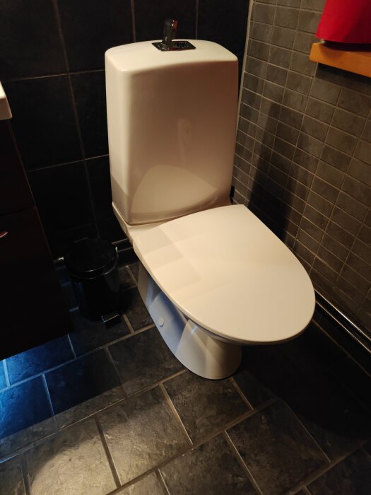 Vit toalettstol med spolknapp, installerad mot mörka kakelväggar och stengolv, i ett badrum.