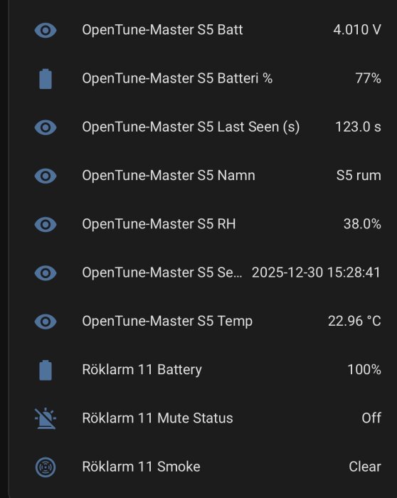 Datalogg för OpenTune-Master och röklarm, inkl. batterinivå, senaste observationstid och temperatur.