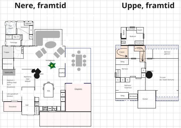 Planlösning för framtida hus med två våningar, inklusive kök, vardagsrum, sovrum och uteplats. Alternativ för renovering och tillbyggnad diskuteras.