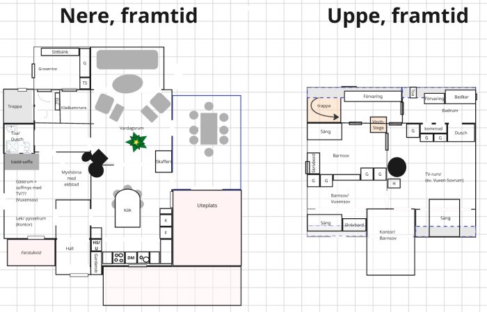Översikt över framtida planlösning för nedre och övre plan med kök, vardagsrum, sovrum och badrum markerade.