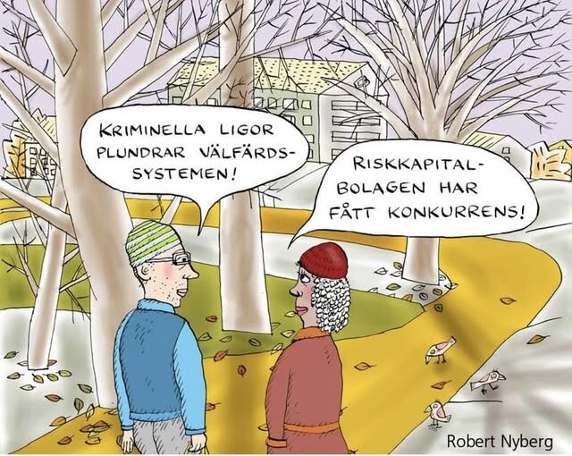 Två personer promenaderar i höstlandskap, diskuterar välfärdssystem och konkurrens via pratbubblor.