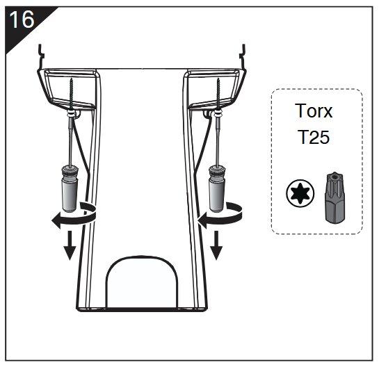 Illustration av montering med Torx T25-skruvverktyg, visar åtdragning av två bultar under en möbel eller struktur, pilar visar rotationsriktning.