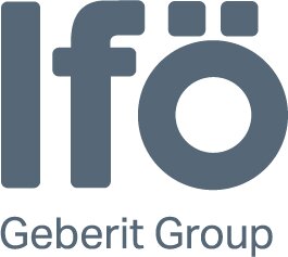 Ifö Geberit Group logotyp, grå text med rundade bokstäver och en prick ovanför ö:et, representerar företagsmärke inom sanitet.