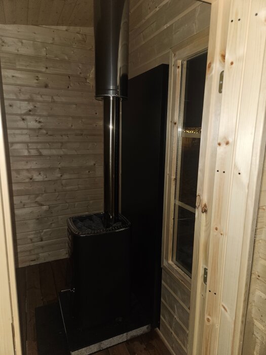 Bastuinteriör med vedeldad kamin och skorsten installerad.