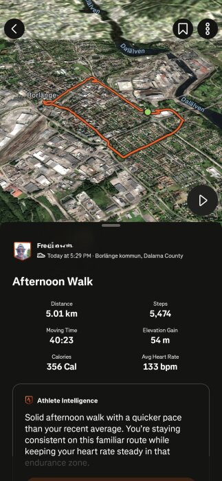 Karta över en promenadrutt på 5 km i Borlänge med statistik: 5474 steg, 54 m höjd, 356 kcal brända, medelslagpuls 133 bpm, tid 40:23.
