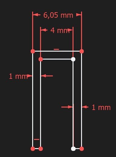 Diagram över mått på en häftklammer, visar bredden 6,05 mm och 4 mm, samt tråd- och stapeltjocklek på 1 mm vardera.
