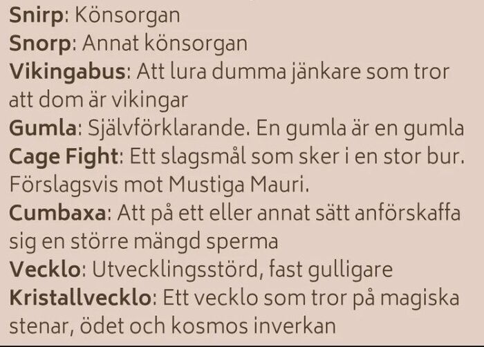 Text med humoristiska orddefinitioner, inklusive "Snirp: Könsorgan," "Vikingabus: Att lura dumma jänkare," och "Cage Fight: Ett slagsmål i en stor bur.