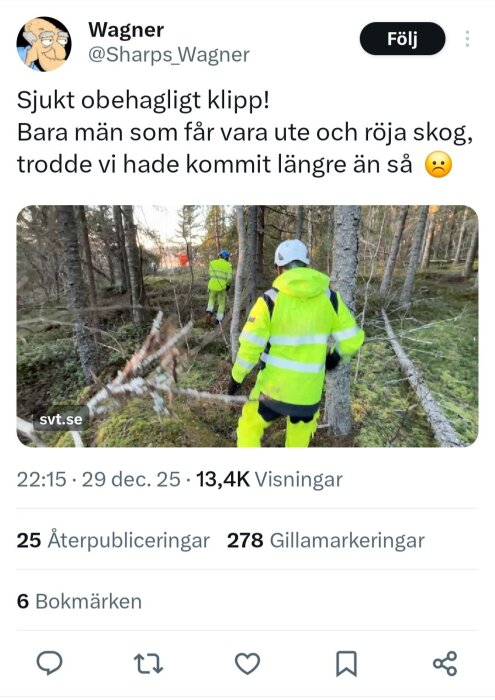Människor i gula reflexjackor röjer skog i en skogsområdesmiljö.
