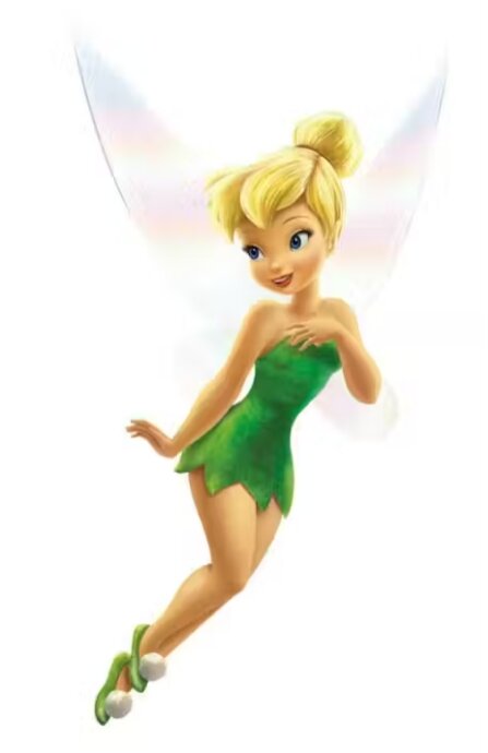 Fairy with blonde hair and green dress, smiling with wings spread behind her, floating in a playful pose.