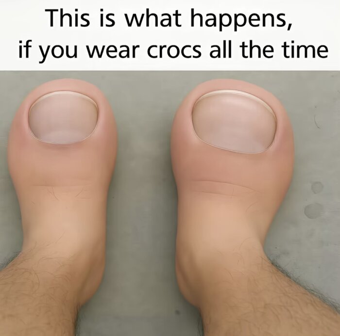 Två stora tår med överdimensionerade naglar, med texten "This is what happens, if you wear crocs all the time" ovanför.