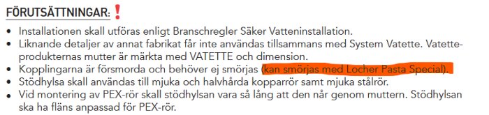 Skärmbild av installationsanvisningar för Vatette klämringskoppling, med specifika anmärkningar om användning av Locher Pasta Special för smörjning.