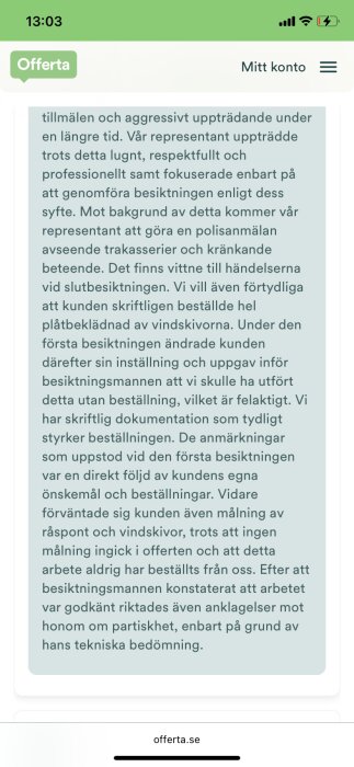 Textmeddelande från Offerta som beskriver en konflikt med en kund gällande besiktning och beställningar samt en polisanmälan för trakasserier.