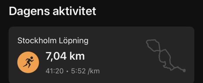 Löpningsaktivitet i Stockholm, sträcka 7,04 km på 41:20 minuter, medelsnitt på 5:52 min/km. Visar löparikon och rutt på kartan.