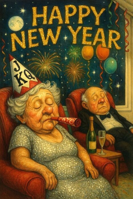 Två äldre personer som sover i stolar under nyårsfirande med fyrverkerier, ballonger och texten "Happy New Year" i bakgrunden.