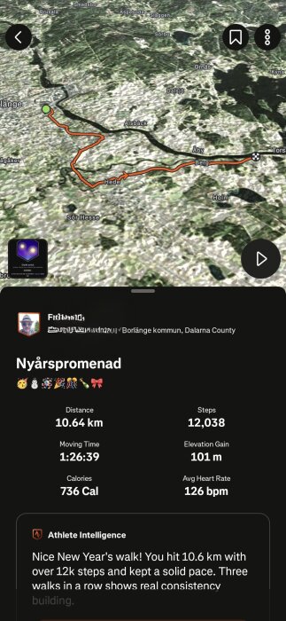 Karta över en nyårspromenad i Borlänge kommun, 10,64 km, 12 038 steg, 1:26:39 i tid, 101 m höjdökning, 736 kalorier, 126 bpm i genomsnittlig puls.