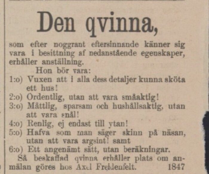 Gammal annons som listar egenskaper en kvinna bör ha för att få anställning som au-pair, inklusive ordentlighet och måttlighet. Publiserad 1847.