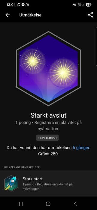 Hexagonformad utmärkelse med fyrverkerier mot blå bakgrund, texten säger "Starkt avslut", för en aktivitet registrerad på nyårsafton.