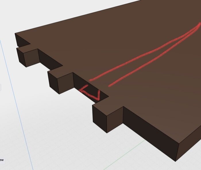 3D-modell av en träbit med en längsgående sinka och markerad tapp förmonterad på undersidan av en kil.