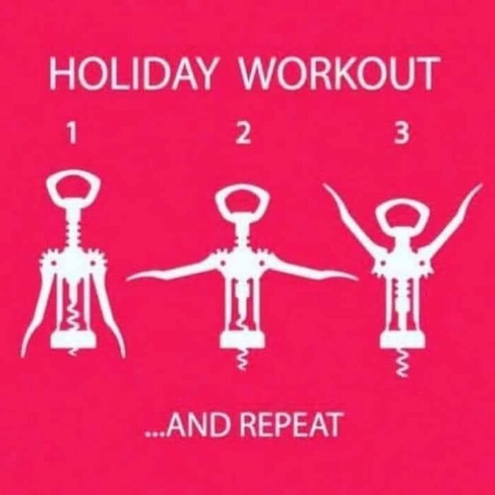 Illustration av en korkskruv som utför tre rörelser med texten "Holiday Workout" och "...and repeat" på rosa bakgrund.