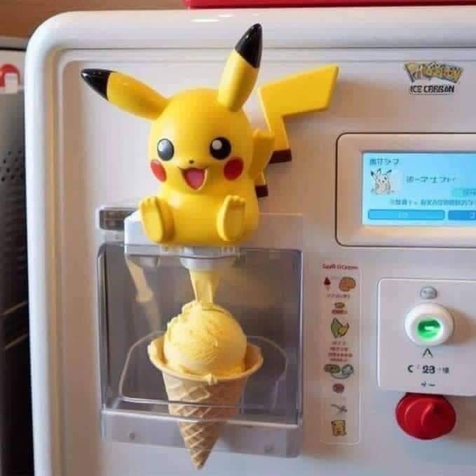 Gul glassmaskin med Pikachu-design som serverar en glass i våffla.