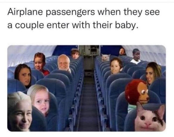 Ett collage av olika ansikten och memes på flygplanspassagerare som tittar förvånat eller förskräckt.