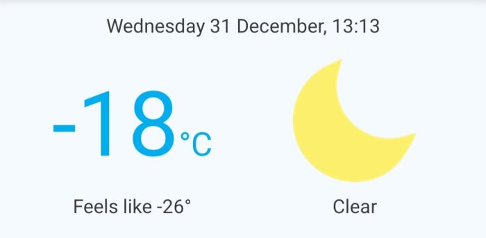 Väderapp som visar -18°C med en känsla av -26°C, klart väder, 31 december kl 13:13.