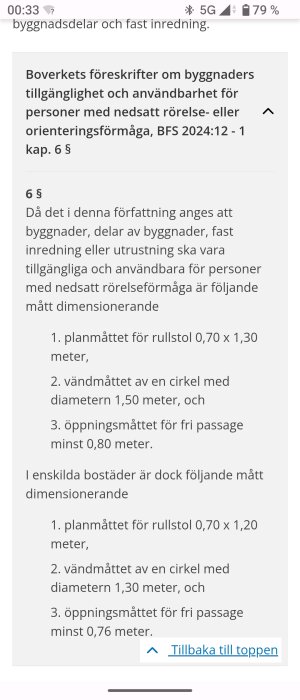 Skärmdump av Boverkets föreskrifter gällande tillgänglighet och måttdimensioner för rullstol i byggnader enligt BFS 2024:12, kapitel 6 paragraf 6.