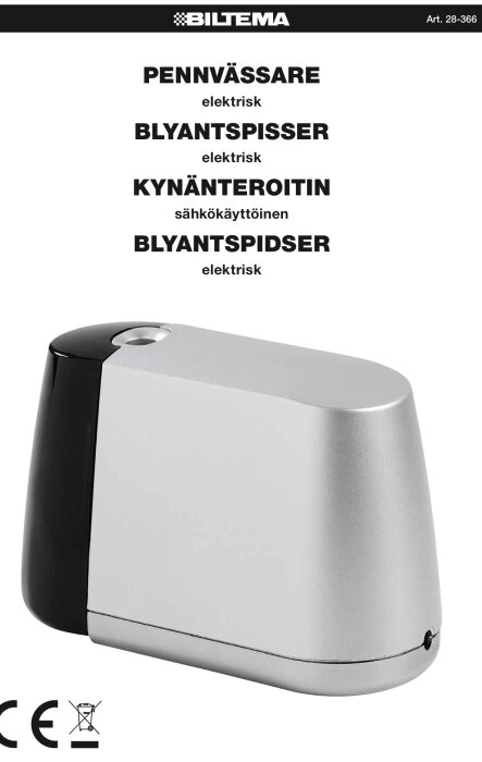 Elektrisk pennvässare i silver och svart med text på flera språk inklusive svenska och norska på en vit bakgrund.
