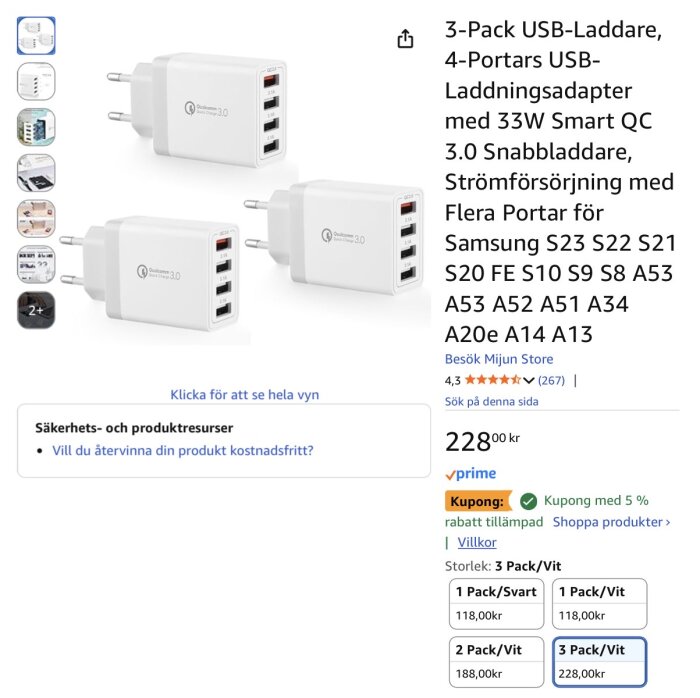 3-pack vita USB-laddare med fyra portar och Quick Charge 3.0-teknik, kompatibla med olika Samsung-modeller.