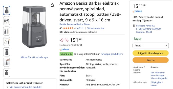 Amazon Basics elektrisk svart pennvässare med spiralblad, batteri/USB-drift, automatiskt stopp, speciellt för kontor och hantverk, 9 x 9 x 16 cm.