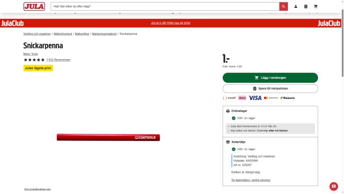 Röd snickarpenna från Meec Tools på Julas webbplats, med pris, lagerstatus och betalningsalternativ synliga.