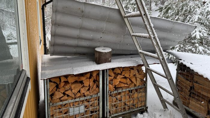Lutande stege vid vedupplag, täckt med snö, och en tung slipsten ovanpå halvt avtäckt tak. Bakgrund av snöigt landskap.