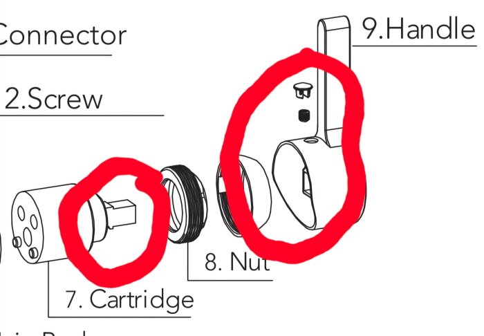 Diagram över en kran med delar som skruv, patron och handtag markerade med röda cirklar.
